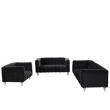 Modern 3-piece sofa set with solid wood legs, buttoned tufted backrest, Dutch fleece upholstered sofa set including three-seater sofa, double seat and living room furniture set single chair, black