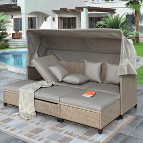 Topmax 4 Piece Uv-Resistant Resin Wicker Patio Sofa Set with Retractable Canopy, Cushions and Lifting Table, Brown SH000121AAE