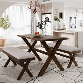 Topmax 3 Pieces Farmhouse Rustic Wood Kitchen Dining Table Set with 2 Upholstered Benches, Brown + Beige Sh000166Aad