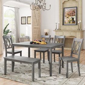Topmax 6-Piece Wooden Kitchen Table Set, Farmhouse Rustic Dining Table Set with Cross Back 4 Chairs and Bench, Antique Graywash Sh000172Aae