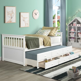 Topmax Captain's Bed Twin Daybed with Trundle Bed and Storage Drawers, White Sh000176Aak