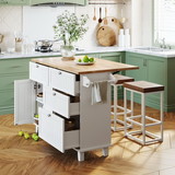 Topmax Farmhouse Kitchen Island Set with Drop Leaf and 2 Seatings, Dining Table Set with Storage Cabinet, Drawers and Towel Rack, White+Rustic Brown