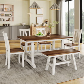 Topmax 6-Piece Wood Dining Table Set Kitchen Table Set with Long Bench and 4 Dining Chairs, Farmhouse Style, Walnut+White