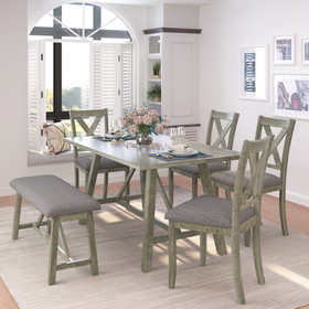 Topmax 6 Piece Dining Table Set Wood Dining Table and Chair Kitchen Table Set with Table, Bench and 4 Chairs, Rustic Style, Gray (No Difference with Sh000109Aae) Sh001091Aae