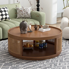 U-Can 37" Wooden Mid-Century Modern Coffee Table, Round Cane Coffee Table with PE Rattan Side for Living Room,Brown SJ000119AAD