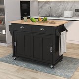 K&K Kitchen Cart with Rubber Wood Drop-Leaf Countertop, Concealed Sliding Barn Door Adjustable Height, Kitchen Island on 4 Wheels with Storage Cabinet and 2 Drawers, L52.2Xw30.5Xh36.6 inch, Black