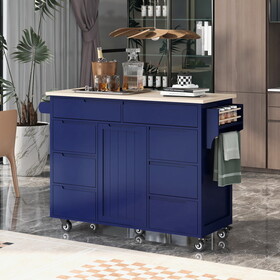 K&K Store Kitchen Cart with Rubber Wood Countertop, Kitchen Island has 8 Handle-Free Drawers Including a Flatware Organizer and 5 Wheels for Kitchen Dinning Room, Dark Blue