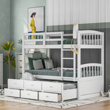 Twin Over Twin Wood Bunk Bed with Trundle and Drawers, White Sm000093Aak-1