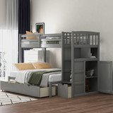 Twin Over Full/Twin Bunk Bed, Convertible Bottom Bed, Storage Shelves and Drawers, Gray Sm000117Aae-1