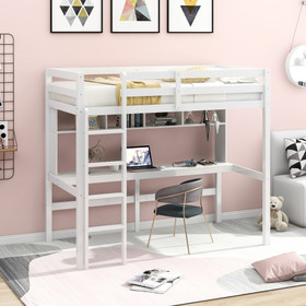 Twin Size Loft Bed with Convenient Desk, Shelves, and Ladder, White Sm000401Aak-1