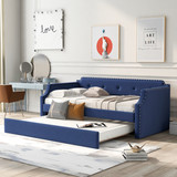 Upholstered Daybed with Trundle, Wood Slat Support, Upholstered Frame Sofa Bed, Twin, Blue Sm000501Aac