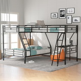 Twin Over Full Bunk Bed with a Twin Size Loft Bed Attached, with a Desk, Metal, Black Sm000606Aab