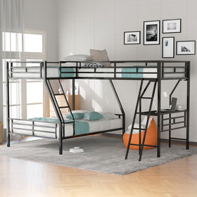 Twin Over Full Bunk Bed with a Twin Size Loft Bed Attached, with a Desk, Metal, Black Sm000606Aab