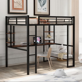 Full Size Loft Metal&MDF Bed with Long Desk and Shelves,Black SM000608AAB