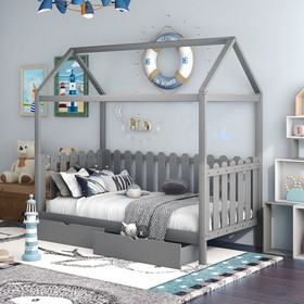 Twin Size House Bed with Drawers, Fence-Shaped Guardrail, Gray Sm000701Aae