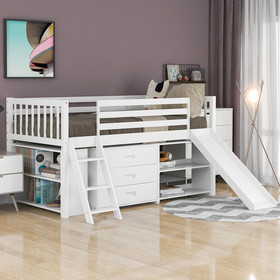 Low Loft Bed with Attached Bookcases and Separate 3-Tier Drawers, Convertible Ladder and Slide, Twin, White Sm000915Aak
