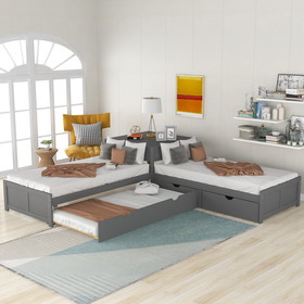 L-Shaped Platform Bed with Trundle and Drawers Linked with Built-in Desk, Twin, Gray Sm000916Aae