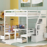 Full over Full Size Bunk with staircase, the Down Bed can be Convertible to Seats and Table Set, White SM001807AAE
