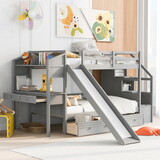 Twin over Twin Bunk Bed with Storage Staircase, Slide and Drawers, Desk with Drawers and Shelves, Gray SM001811AAE