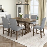 TOPMAX Mid-Century Solid Wood 7-Piece Dining Table Set Extendable Kitchen Table Set with Upholstered Chairs and 12
