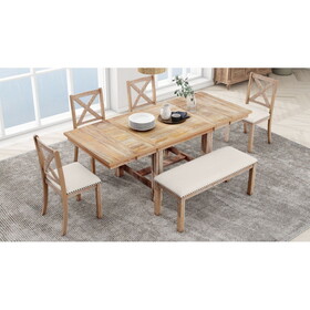 TOPMAX Farmhouse 82inch 6-Piece Extendable Dining Table with Footrest, 4 Upholstered Dining Chairs and Dining Bench, Two 11"Removable Leaf, Natural+Beige Cushion