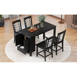 TOPMAX Counter Height 5-piece Dining Table Set with Faux Marble Tabletop, Solid Wood Table Set with Storage Cabinet and Drawer, Black