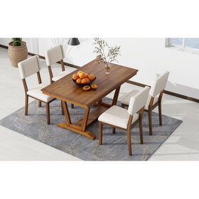 TOPMAX Rustic 5-piece Dining Table Set with 4 Upholstered Chairs, 59-inch Rectangular Dining Table with Trestle Table Base, Walnut