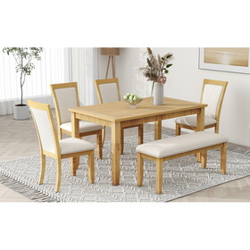 TOPMAX Rustic Solid Wood 6-piece Dining Table Set, PU Leather Upholstered Chairs and Bench, Natural Wood Wash