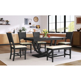 TOPMAX 6-Piece Wood Half Round Dining Table Set Kitchen Table Set with Long Bench and 4 Dining Chairs, Style, Gray