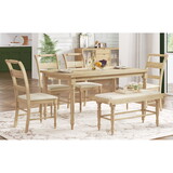 TOPMAX 6-peice Dining Set with Turned Legs, Kitchen Table Set with Upholstered Dining Chairs and Bench,Retro Style, Natural