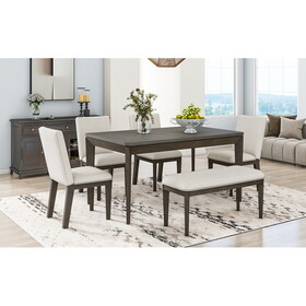 TOPMAX 6-Piece Dining Table Set with Upholstered Dining Chairs and Bench,Farmhouse Style, Tapered Legs, Dark Gray+Beige SP000037AAD