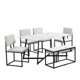 TOPMAX Modern Faux Marble 6-Piece Dining Table Set, 60inch Metal Kitchen Table Set with Upholstered Dining Chairs and Bench, Black SP000040AAB
