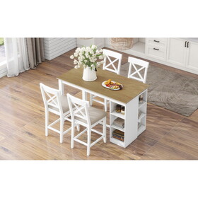 TOPMAX 60"Lx30"W Solid Wood Farmhouse Counter Height Dining Table Set with 3-Tier Storage Shelves, Upholstered Dining Chairs for 4, 5-Piece, White SP000041AAE