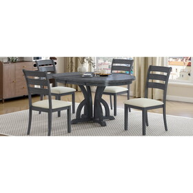 TOPMAX 5-Piece Farmhouse Round Pedestal Extending Dining Table Set Extendable Kitchen Table Set with 15.8" Removable Leaf and Ladder Back Dining Chairs for Small Places, Black