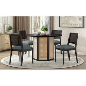 TOPMAX 5-Piece Rattan Round Dining Table Set, Wood Table with Hexagonal Base and Upholstered Chairs for Dining Room, Kitchen,Indoor Use, Black+Gray