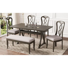 TOPMAX Retro 6-Piece Trestle Dining Table Set with Upholstered Dining Chairs and Dining Bench, Smooth Dining Backs for Dining Room, Living Room, Kitchen, Gray