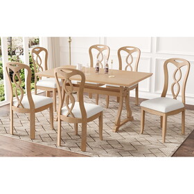TOPMAX Retro 7-Piece Trestle Dining Table Set with Upholstered Dining Chairs, Smooth Dining Backs for Dining Room, Living Room, Kitchen, Natural