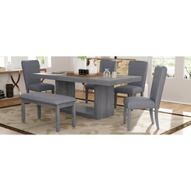TOPMAX Contemporary 6-Piece 78inch Extendable Pedestal Dining Table Set with 18inch Removable Leaf and Dining Bench, 4 Upholstered Dining Chairs, Gray P-SP000054AAA