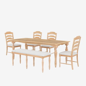 TOPMAX Vintage Traditional 6-Piece 82.7inch Extendable Dining Table Set with 23.6inch Removable Leaf, 50.4inch Upholstered Dining Bench and 4 Chairs for 6, Natural SP000056AAA