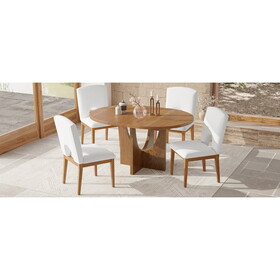 TOPMAX Modern 5-Piece Extendable Round Dining Table Set with 16.2inch Removable Leaf for Small Places, Walnut+Beige