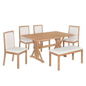 TOPMAX Farmhouse Classical 6-Piece Dining Table Set with Trestle Legs,Kitchen Table Set for 6 with 4 Upholstered Dining Chairs and Bench, Natural SP000065AAA