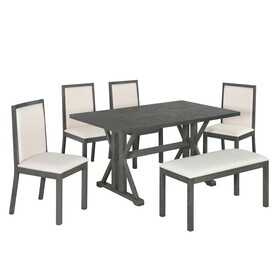 TOPMAX Farmhouse Classical 6-Piece Dining Table Set with Trestle Legs,Kitchen Table Set for 6 with 4 Upholstered Dining Chairs and Bench, Grey SP000065AAE