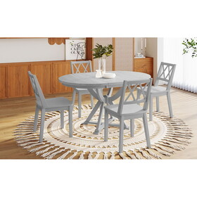TOPMAX Mid-Century 5-Piece Extendable Round Dining Table Set with 15.7" Removable Leaf and 4 Cross Back Dining Chairs, Grey