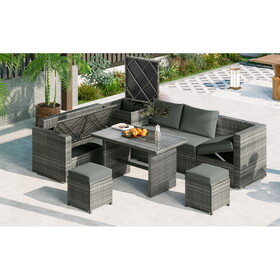TOPMAX Outdoor 6-Piece All Weather PE Rattan Sofa Set, Garden Patio Wicker Sectional Furniture Set with Adjustable Seat, Storage Box, Removable Covers and Tempered Glass Top Table,Grey