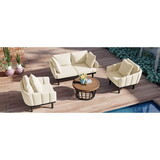 TOPMAX Luxury Modern 4-Piece Outdoor Iron Frame Conversation Set, Patio Chat Set with Acacia Wood Round Coffee Table for Backyard, Deck, Poolside, Indoor Use, Loveseat+Arm Chairs, Beige P-SP100012AAA