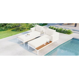 TOPMAX Modern Outdoor Daybed Patio Metal Daybed with Wood Topped Side Spaces for Drinks, 2 in 1 Padded Chaise Lounges for Poolside, Balcony, Deck, Beige SP100013AAA