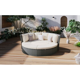 TOPMAX Patio 5-Piece Round Rattan Sectional Sofa Set All-Weather PE Wicker Sunbed Daybed with Round Liftable Table and Washable Cushions for Outdoor Backyard Poolside, Beige SP100022AAA