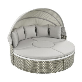 TOPMAX Patio Furniture Round Outdoor Sectional Sofa Set Rattan Daybed Two-Tone Weave Sunbed with Retractable Canopy, Separate Seating and Removable Cushion, Gray SP100023AAA