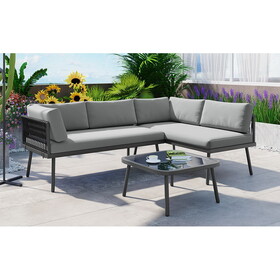 TOPMAX Modern Outdoor 3-Piece PE Rattan Sofa Set All Weather Patio Metal Sectional Furniture Set with Cushions and Glass Table for Backyard, Poolside, Garden, Gray, L-Shaped SP100024AAB