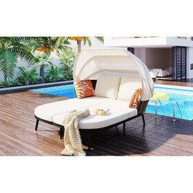 TOPMAX 74.8" L Patio Daybed with Retractable Canopy, Outdoor Rattan PE Wicker Back Loveseat Sofa Set with Throw Pillows and Cushions for Backyard, Poolside, Garden, Beige